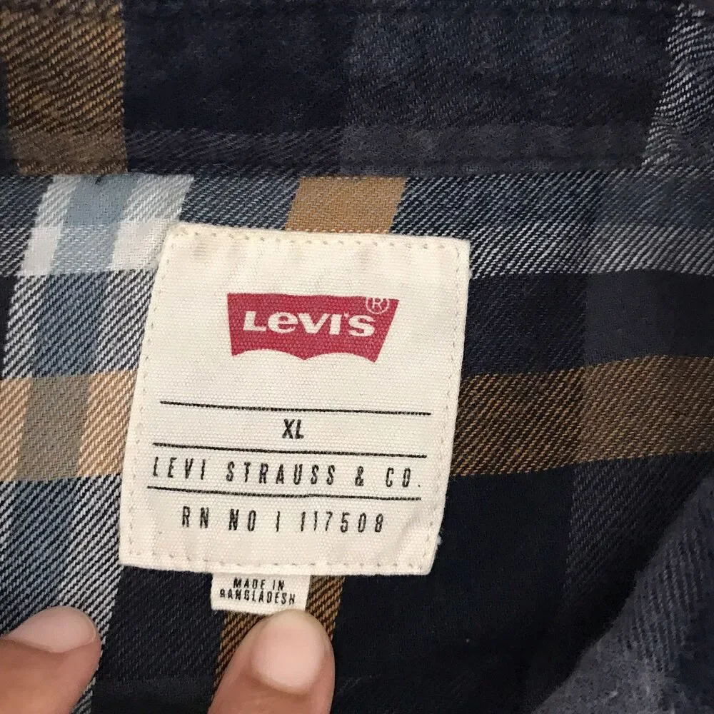 Levis Navy Blue Plaid Long Sleeve Cotton Flannel Casual Grunge Shirt Mens XL